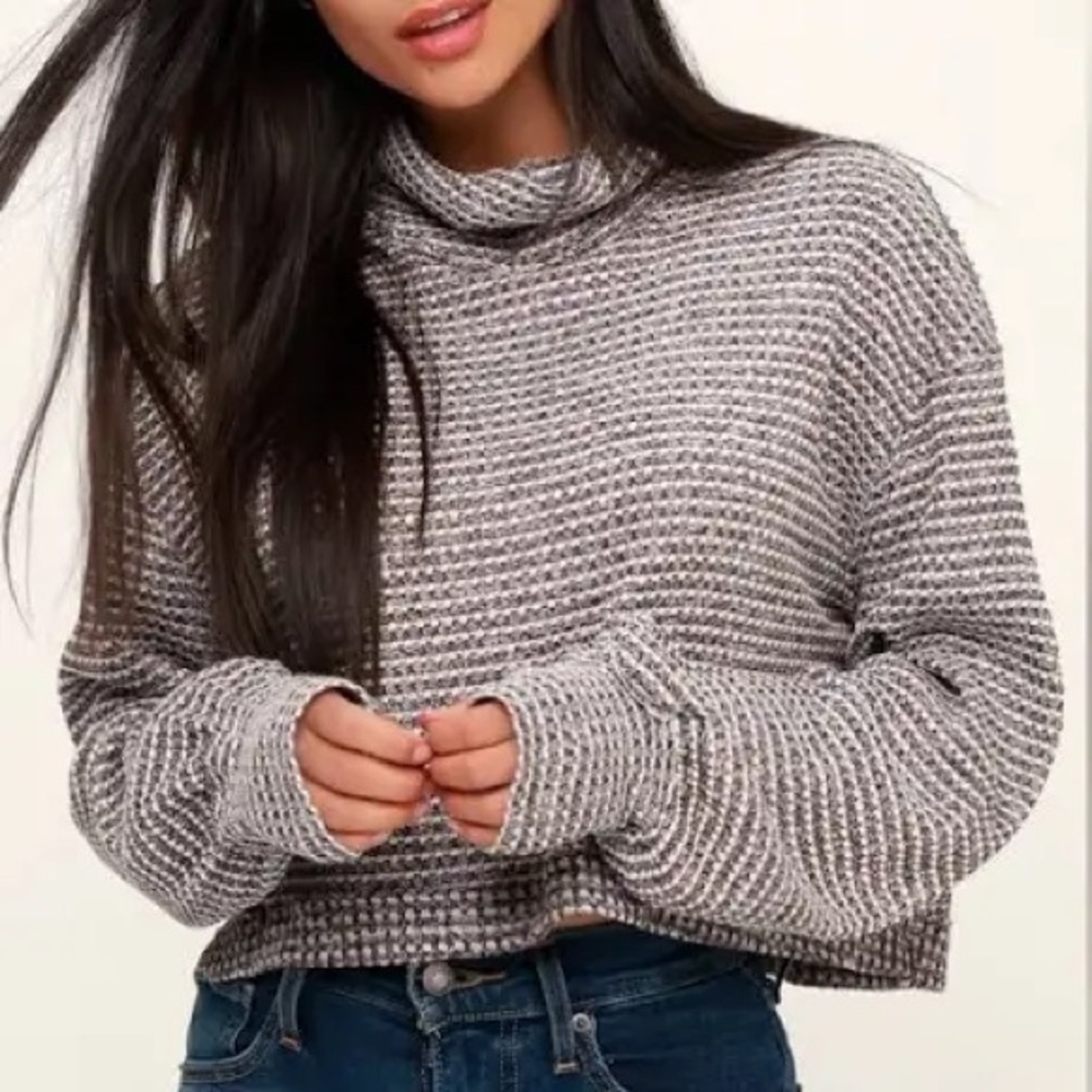 Free People Cropped Waffle Knit Sweater Thumbholes Slouchy Boho Top Medium